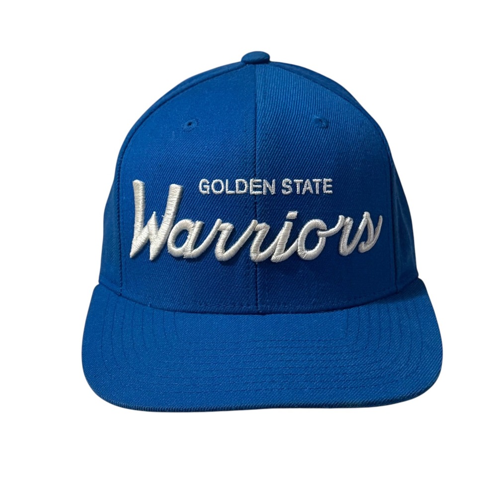Mitchell & Ness Golden State Warriors Snapback Hat Blue NBA Script Flat Brim Cap